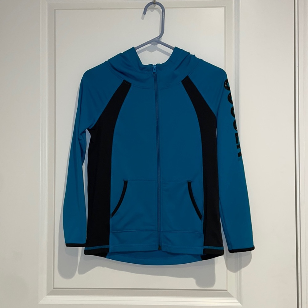 Justice Teal and Black Zip Up Soccer Jacket, 8/10